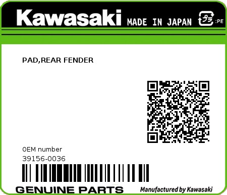 Product image: Kawasaki - 39156-0036 - PAD,REAR FENDER  0