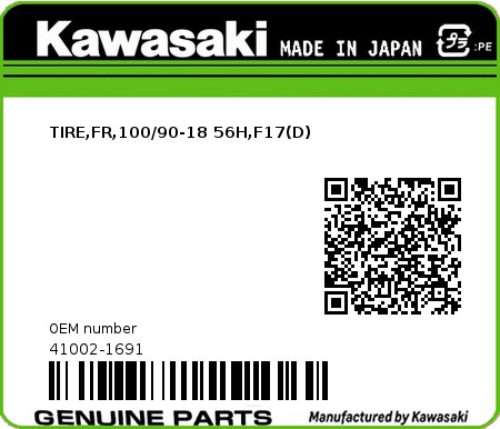Product image: Kawasaki - 41002-1691 - TIRE,FR,100/90-18 56H,F17(D)  0