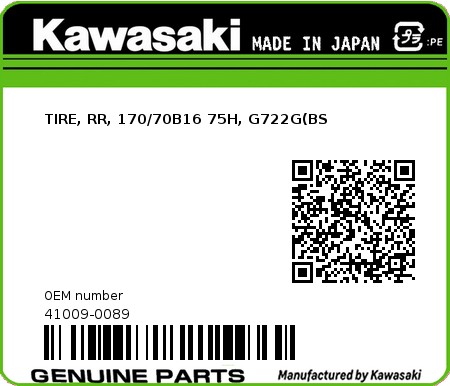 Product image: Kawasaki - 41009-0089 - TIRE, RR, 170/70B16 75H, G722G(BS  0