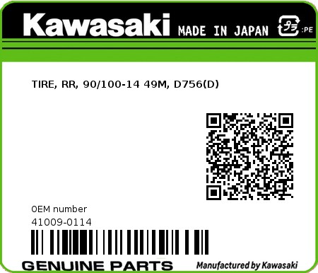 Product image: Kawasaki - 41009-0114 - TIRE, RR, 90/100-14 49M, D756(D)  0