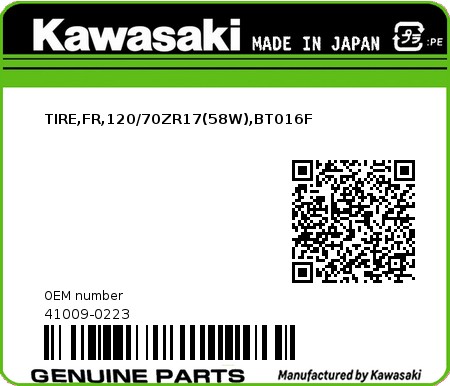 Product image: Kawasaki - 41009-0223 - TIRE,FR,120/70ZR17(58W),BT016F  0