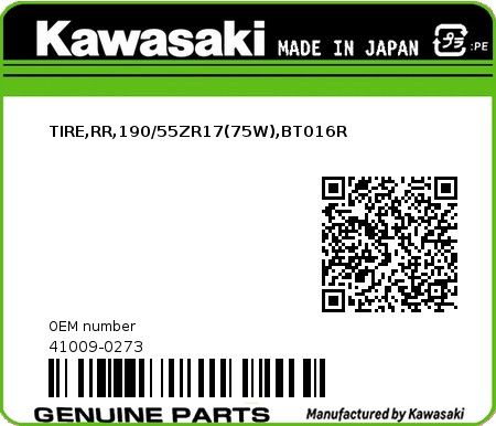 Product image: Kawasaki - 41009-0273 - TIRE,RR,190/55ZR17(75W),BT016R  0