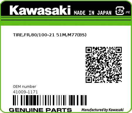 Product image: Kawasaki - 41009-1171 - TIRE,FR,80/100-21 51M,M77(BS)  0