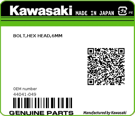 Product image: Kawasaki - 44041-049 - BOLT,HEX HEAD,6MM  0