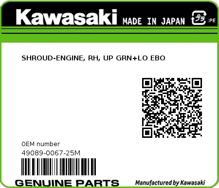 Product image: Kawasaki - 49089-0067-25M - SHROUD-ENGINE, RH, UP GRN+LO EBO 