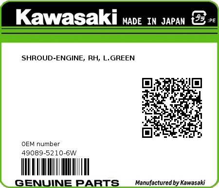 Product image: Kawasaki - 49089-5210-6W - SHROUD-ENGINE, RH, L.GREEN 