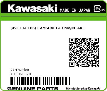 Product image: Kawasaki - 49118-0070 - (49118-0106) CAMSHAFT-COMP,INTAKE  0