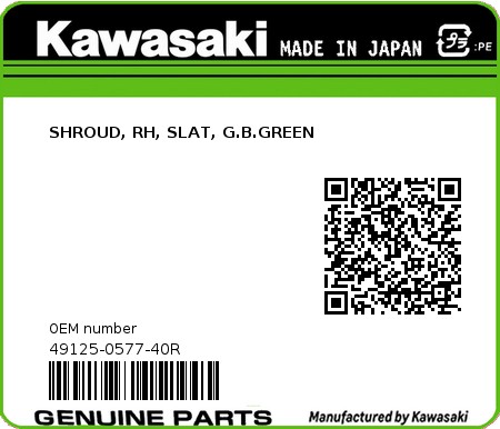 Product image: Kawasaki - 49125-0577-40R - SHROUD, RH, SLAT, G.B.GREEN  0