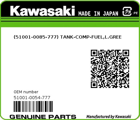 Product image: Kawasaki - 51001-0054-777 - (51001-0085-777) TANK-COMP-FUEL,L.GREE  0