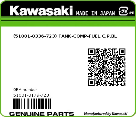Product image: Kawasaki - 51001-0179-723 - (51001-0336-723) TANK-COMP-FUEL,C.P.BL  0