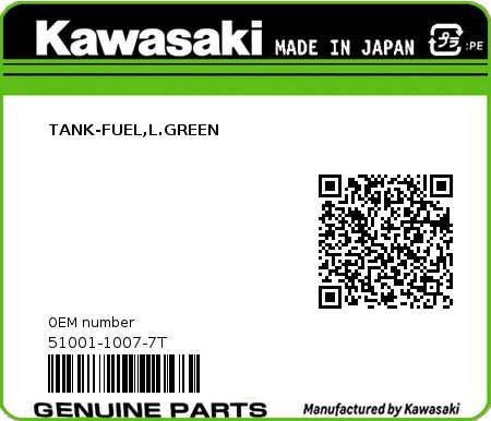 Product image: Kawasaki - 51001-1007-7T - TANK-FUEL,L.GREEN  0