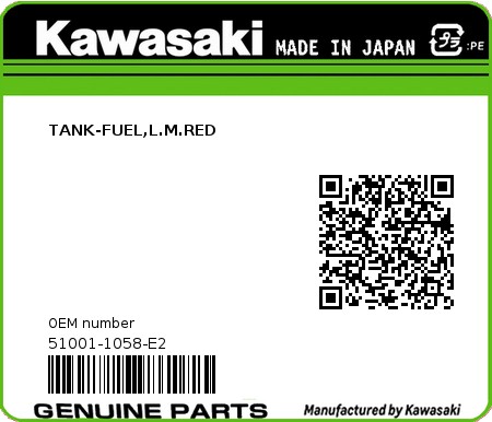Product image: Kawasaki - 51001-1058-E2 - TANK-FUEL,L.M.RED  0