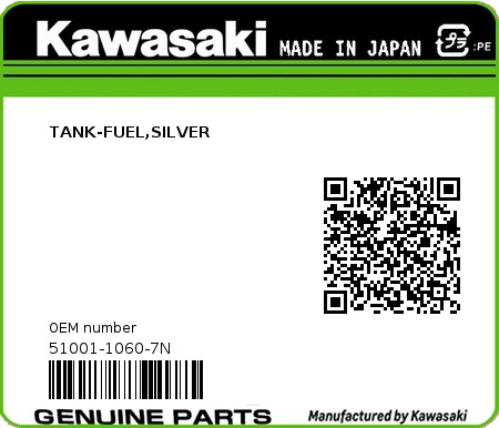 Product image: Kawasaki - 51001-1060-7N - TANK-FUEL,SILVER 