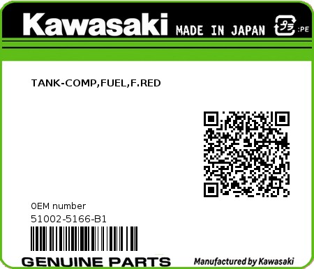 Product image: Kawasaki - 51002-5166-B1 - TANK-COMP,FUEL,F.RED  0