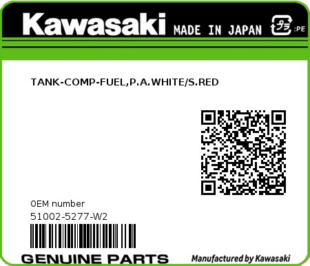 Product image: Kawasaki - 51002-5277-W2 - TANK-COMP-FUEL,P.A.WHITE/S.RED  0