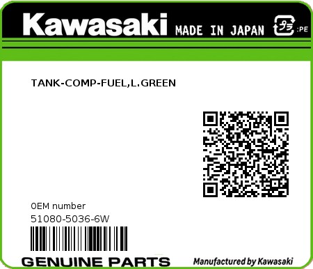 Product image: Kawasaki - 51080-5036-6W - TANK-COMP-FUEL,L.GREEN  0