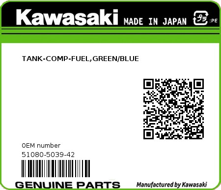 Product image: Kawasaki - 51080-5039-42 - TANK-COMP-FUEL,GREEN/BLUE 