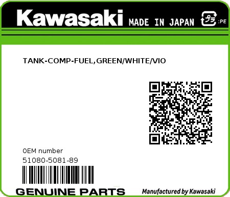 Product image: Kawasaki - 51080-5081-89 - TANK-COMP-FUEL,GREEN/WHITE/VIO  0