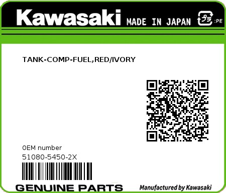 Product image: Kawasaki - 51080-5450-2X - TANK-COMP-FUEL,RED/IVORY  0