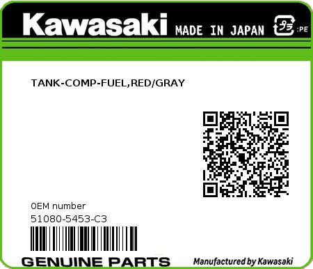 Product image: Kawasaki - 51080-5453-C3 - TANK-COMP-FUEL,RED/GRAY  0
