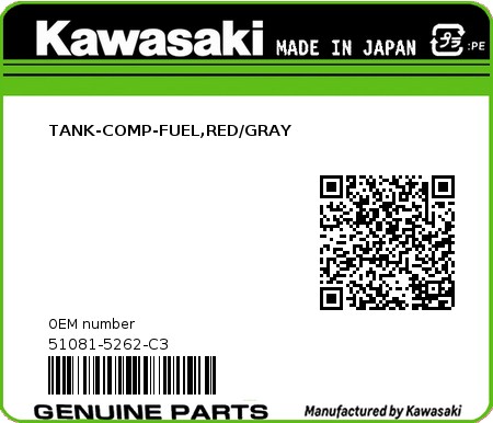 Product image: Kawasaki - 51081-5262-C3 - TANK-COMP-FUEL,RED/GRAY  0