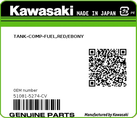 Product image: Kawasaki - 51081-5274-CV - TANK-COMP-FUEL,RED/EBONY  0