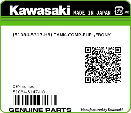 Product image: Kawasaki - 51084-5147-H8 - (51084-5317-H8) TANK-COMP-FUEL,EBONY  0