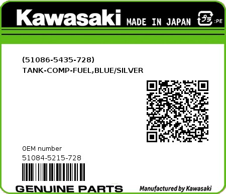 Product image: Kawasaki - 51084-5215-728 - (51086-5435-728) TANK-COMP-FUEL,BLUE/SILVER 