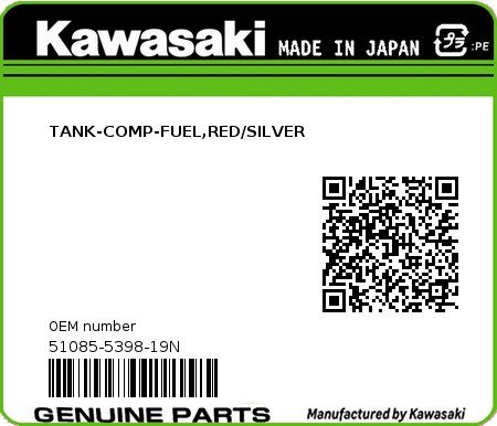 Product image: Kawasaki - 51085-5398-19N - TANK-COMP-FUEL,RED/SILVER  0