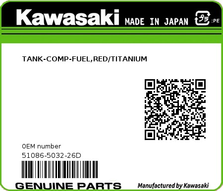 Product image: Kawasaki - 51086-5032-26D - TANK-COMP-FUEL,RED/TITANIUM  0