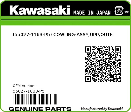 Product image: Kawasaki - 55027-1083-P5 - (55027-1163-P5) COWLING-ASSY,UPP,OUTE  0