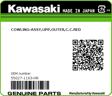 Product image: Kawasaki - 55027-1163-HR - COWLING-ASSY,UPP,OUTER,C.C.RED  0