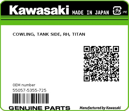 Product image: Kawasaki - 55057-5355-725 - COWLING, TANK SIDE, RH, TITAN  0