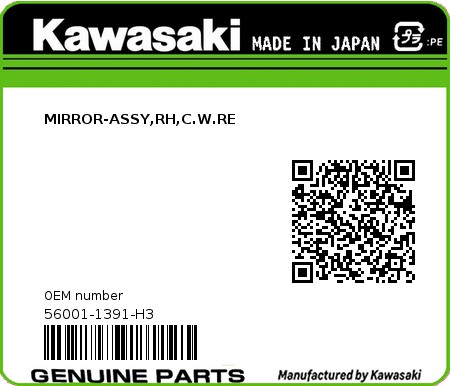 Product image: Kawasaki - 56001-1391-H3 - MIRROR-ASSY,RH,C.W.RE  0