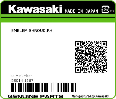 Product image: Kawasaki - 56014-1167 - EMBLEM,SHROUD,RH  0