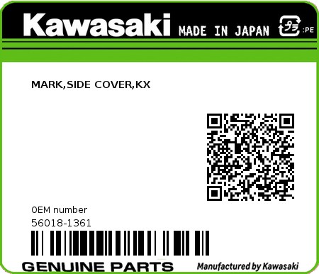 Product image: Kawasaki - 56018-1361 - MARK,SIDE COVER,KX  0