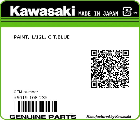 Product image: Kawasaki - 56019-108-235 - PAINT, 1/12L, C.T.BLUE  0