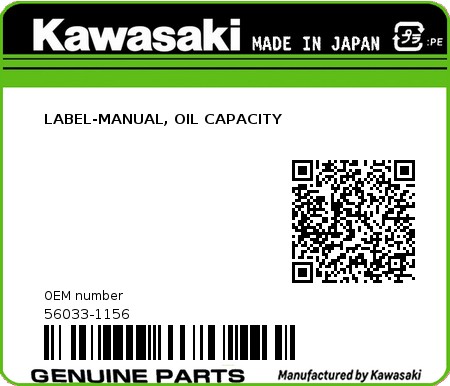 Product image: Kawasaki - 56033-1156 - LABEL-MANUAL, OIL CAPACITY 