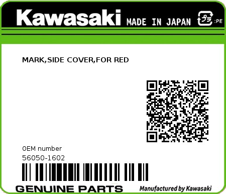 Product image: Kawasaki - 56050-1602 - MARK,SIDE COVER,FOR RED  0