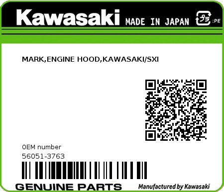 Product image: Kawasaki - 56051-3763 - MARK,ENGINE HOOD,KAWASAKI/SXI  0