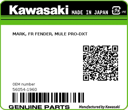 Product image: Kawasaki - 56054-1960 - MARK, FR FENDER, MULE PRO-DXT 