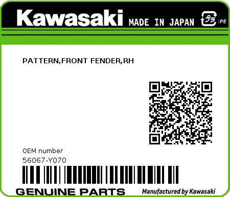 Product image: Kawasaki - 56067-Y070 - PATTERN,FRONT FENDER,RH  0