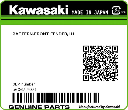Product image: Kawasaki - 56067-Y071 - PATTERN,FRONT FENDER,LH  0