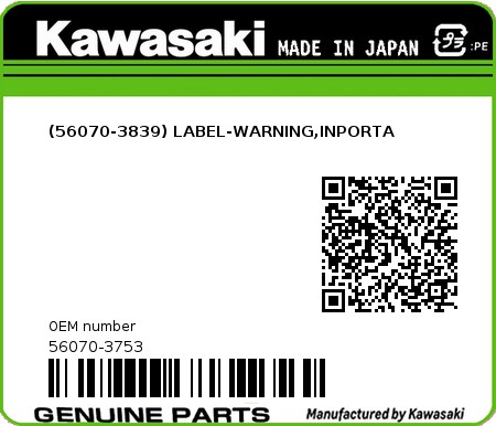 Product image: Kawasaki - 56070-3753 - (56070-3839) LABEL-WARNING,INPORTA  0