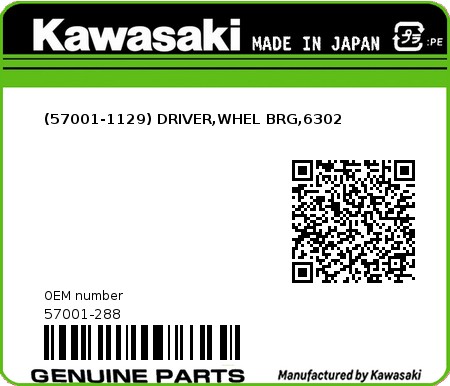 Product image: Kawasaki - 57001-288 - (57001-1129) DRIVER,WHEL BRG,6302  0