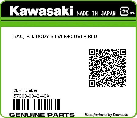 Product image: Kawasaki - 57003-0042-40A - BAG, RH, BODY SILVER+COVER RED 