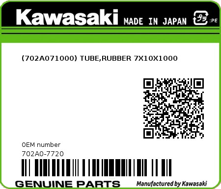 Product image: Kawasaki - 702A0-7720 - (702A071000) TUBE,RUBBER 7X10X1000  0
