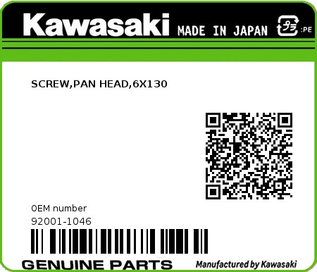 Product image: Kawasaki - 92001-1046 - SCREW,PAN HEAD,6X130  0