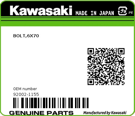 Product image: Kawasaki - 92002-1155 - BOLT,6X70  0