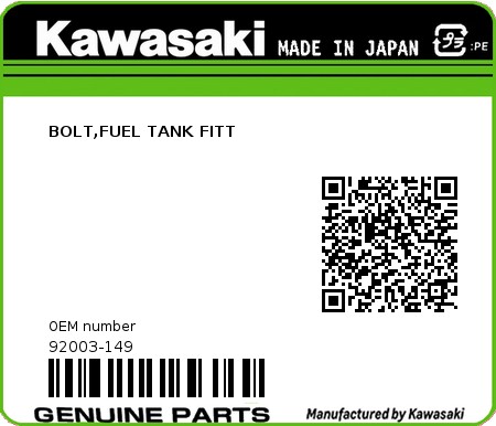 Product image: Kawasaki - 92003-149 - BOLT,FUEL TANK FITT 